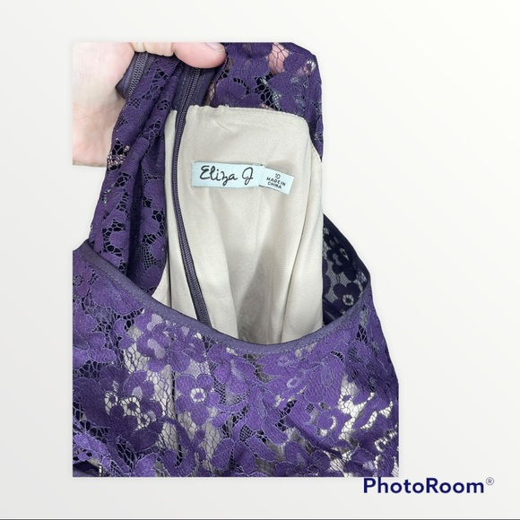 ELIZA J Purple Lace Belted Cap Sleeve Fit and Flare Cocktail Dress, Size 10 - Picture 9 of 10